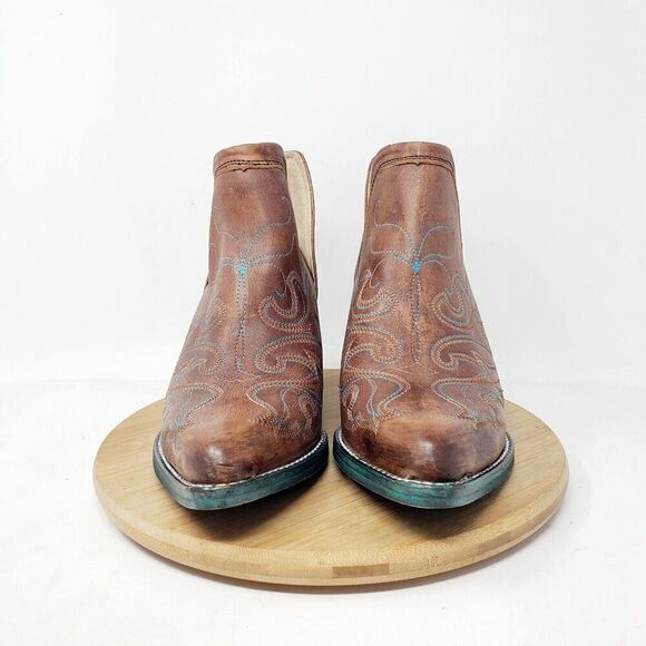 Circle G Boot Women 7 LD Cognac Brown Leather Turquoise Blue Western Cowboy Shoe - Picture 5 of 14